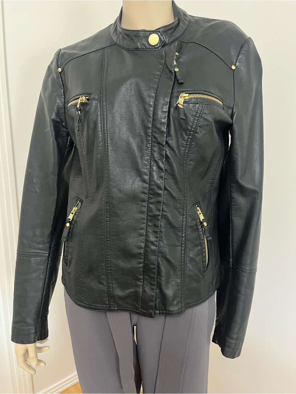 Mexix Black faux Leather Jacket with Gold Hardware